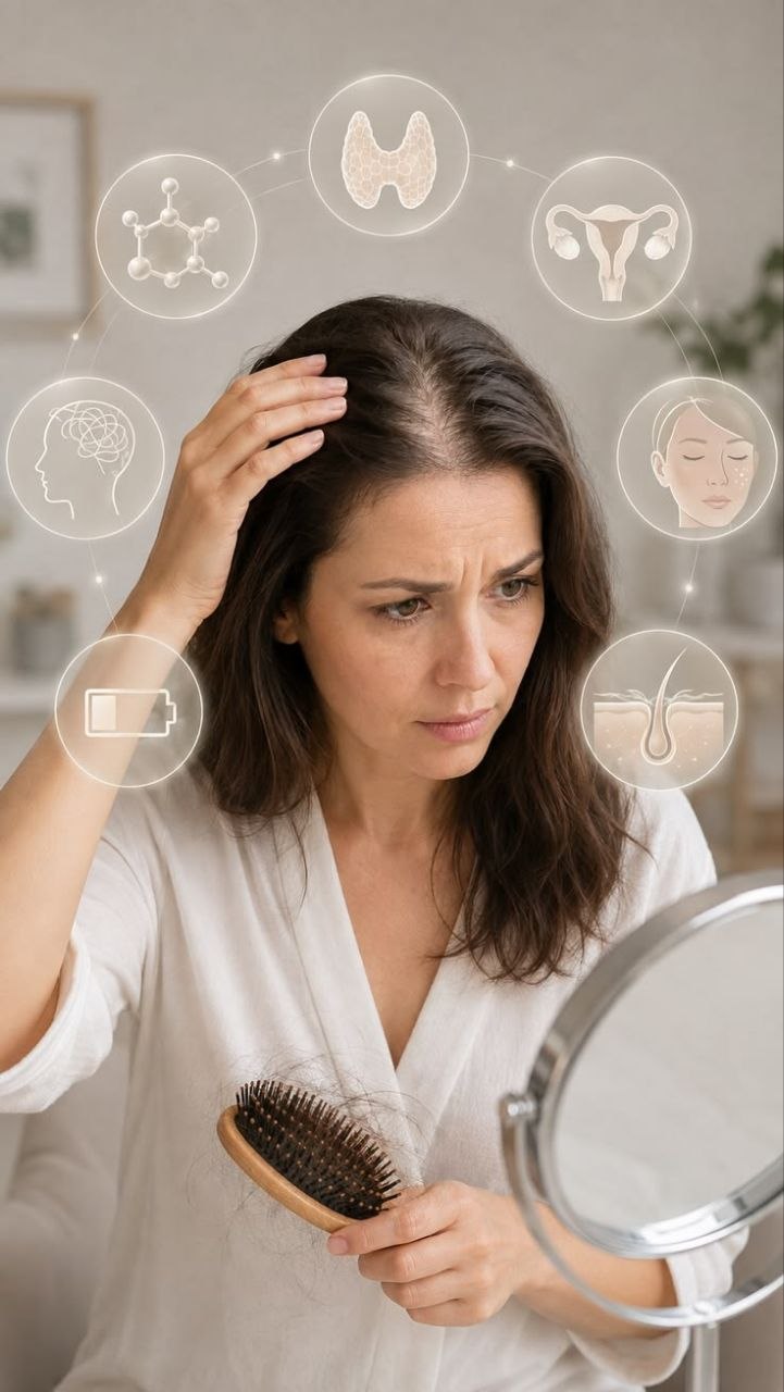 Mujer revisando la caída de su cabello frente al espejo, imagen ilustrativa